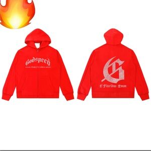 Red Godspeed zip up hoodie with rhinestone logo SIZE LARGE #rhinestone #bling